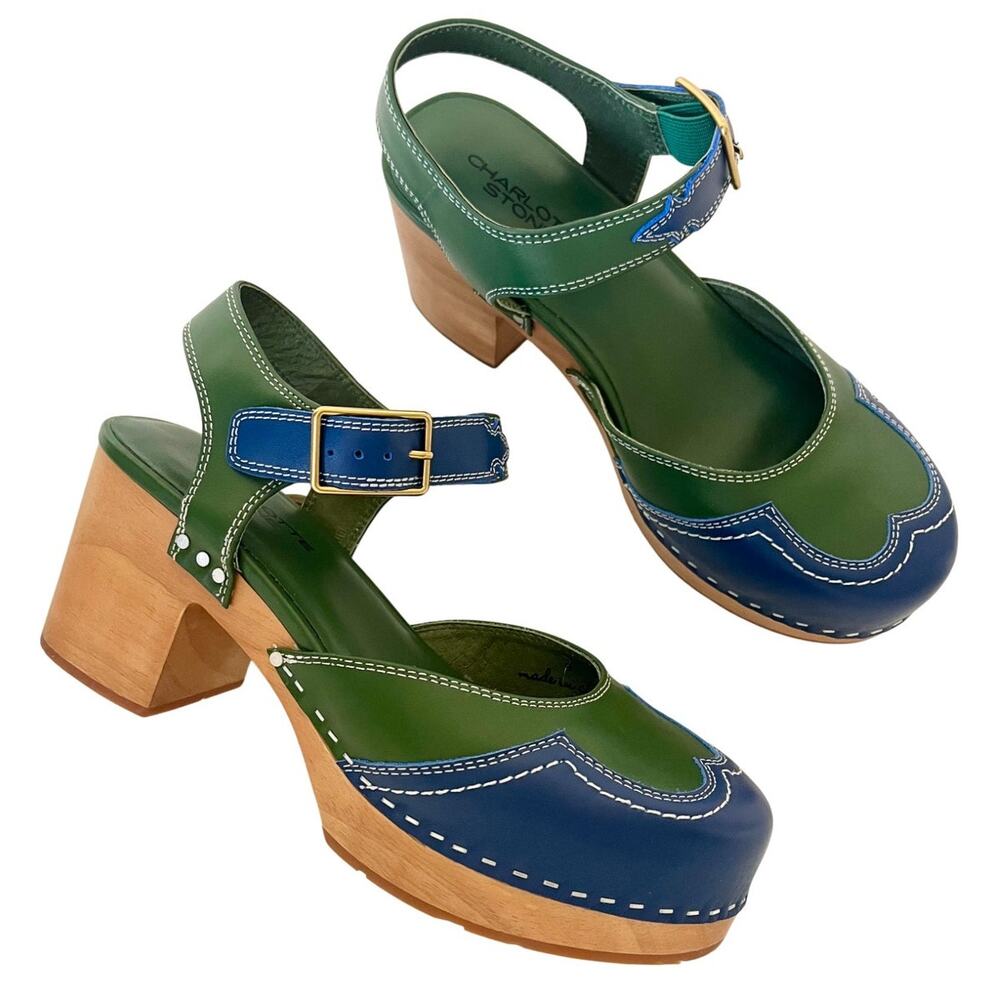 Charlotte Stone Rivera Green Blue Leather Wooden Block Heel Clogs Sandals Size 9
